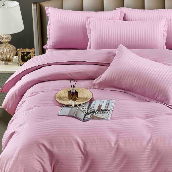 Set Lenjerie de Pat Model Damasc, Cearceaf cu Elastic, 6 Piese, Pat 2 Persoane - Roz inchis (1)