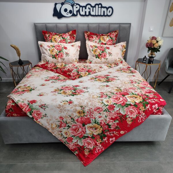 lenjerie de pat bumbac finet cu trandafiri rosii