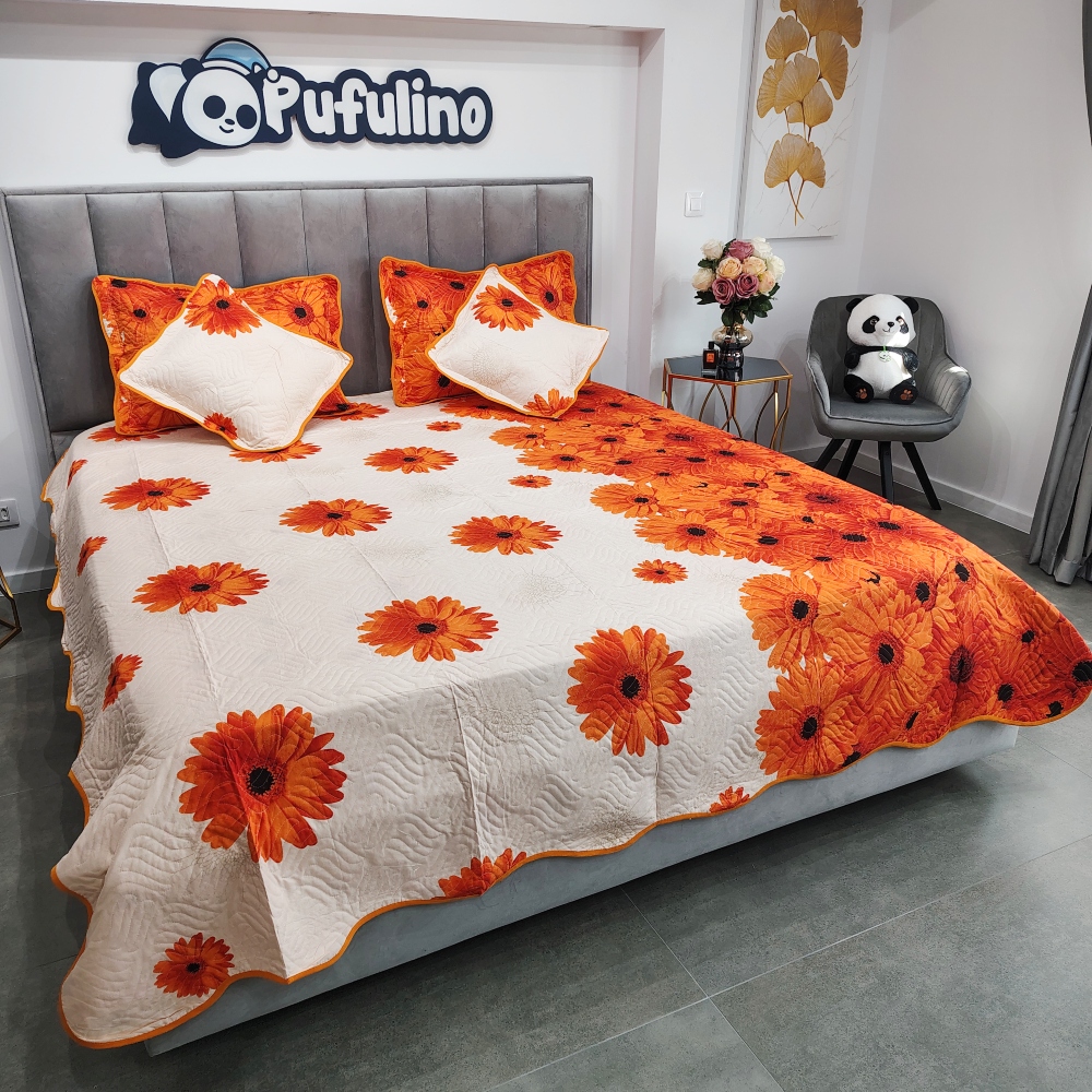cuvertura de pat bej cu flori portocalii (1) cuvertura de pat bej cu flori portocalii