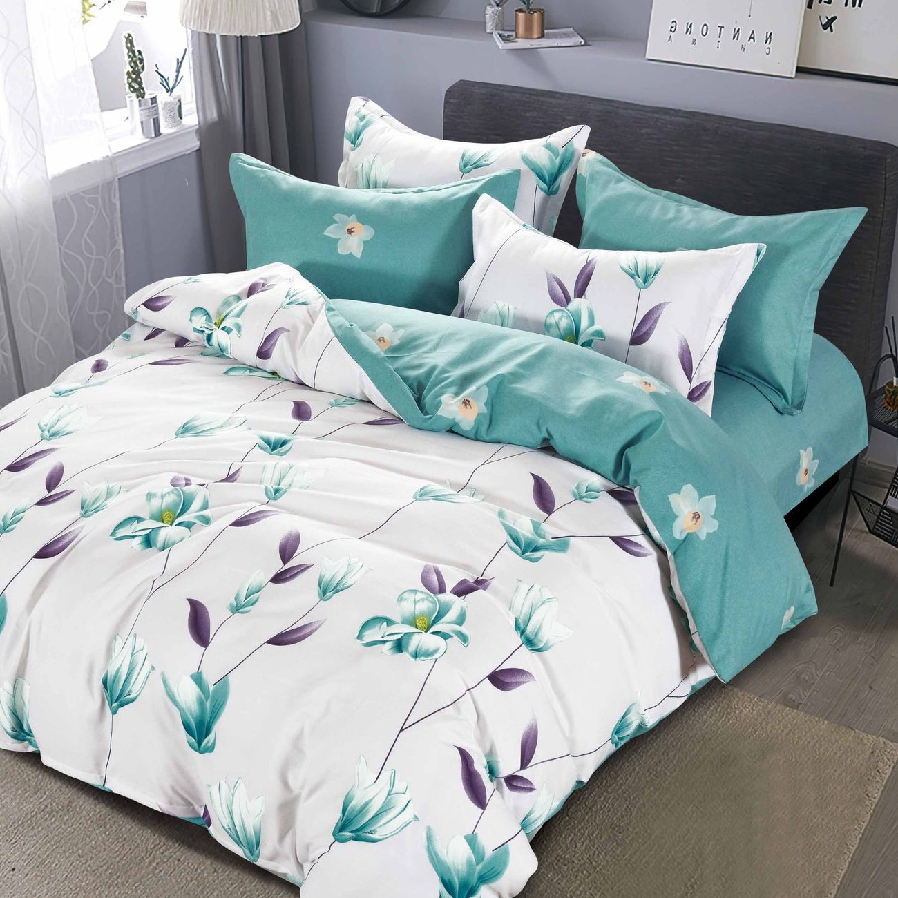 lenjerie alb turcoaz cu flori lenjerie alb turcoaz cu flori