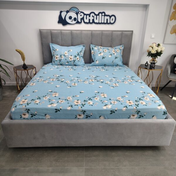 husa de pat bumbac finet bleu cu floricele