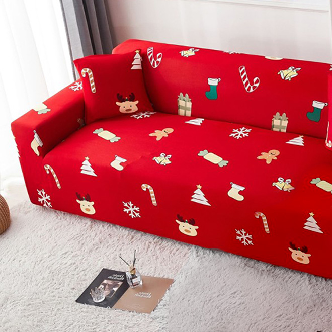 husa canapea rosie cu ornamente de craciun husa canapea rosie cu ornamente de craciun