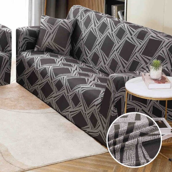 husa canapea gri cu forme geometrice