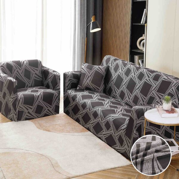 husa canapea gri cu forme geometrice material