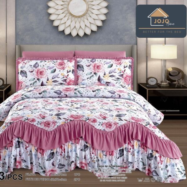 cuvertura de lux cu volanase alb-roz