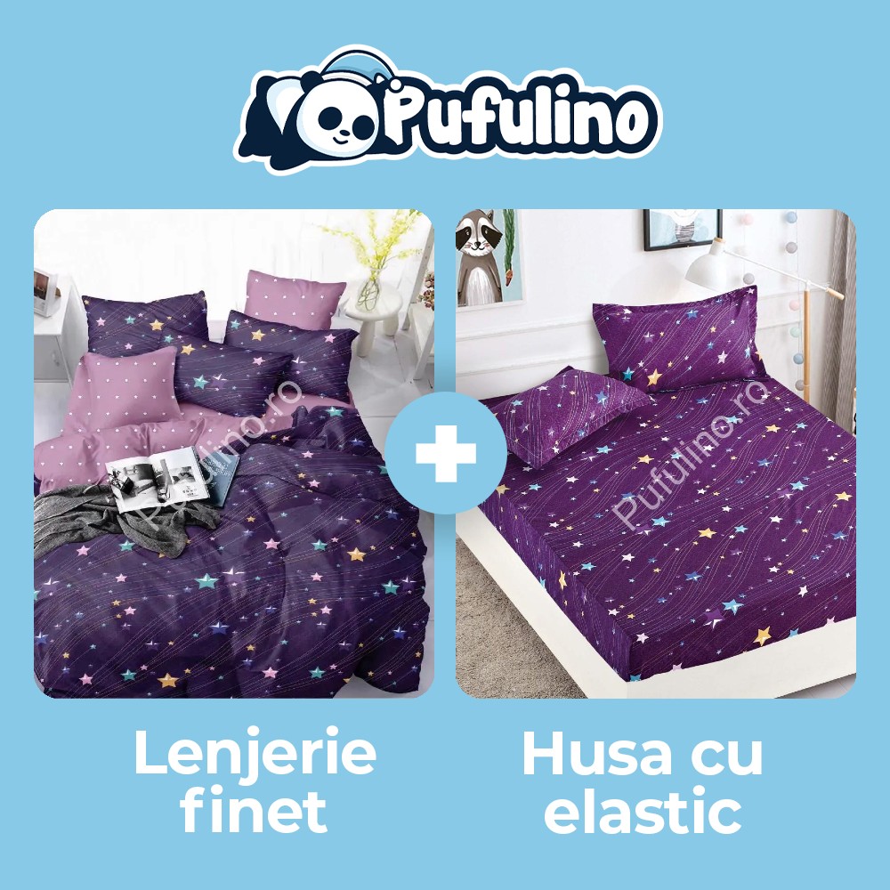 lenjerie mov + husa de pat cu elastic lenjerie mov + husa de pat cu elastic