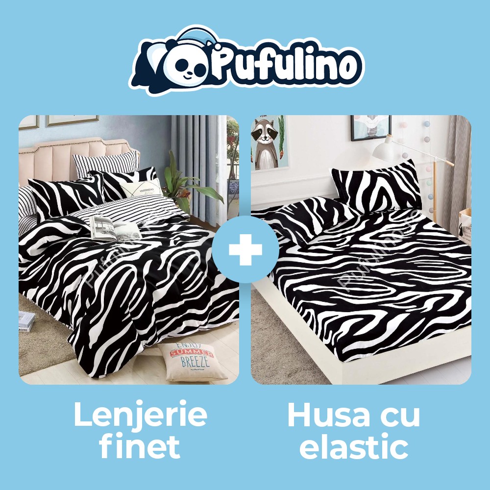 lenjerie zebra alb negru + husa de pat cu elastic lenjerie zebra alb negru + husa de pat cu elastic