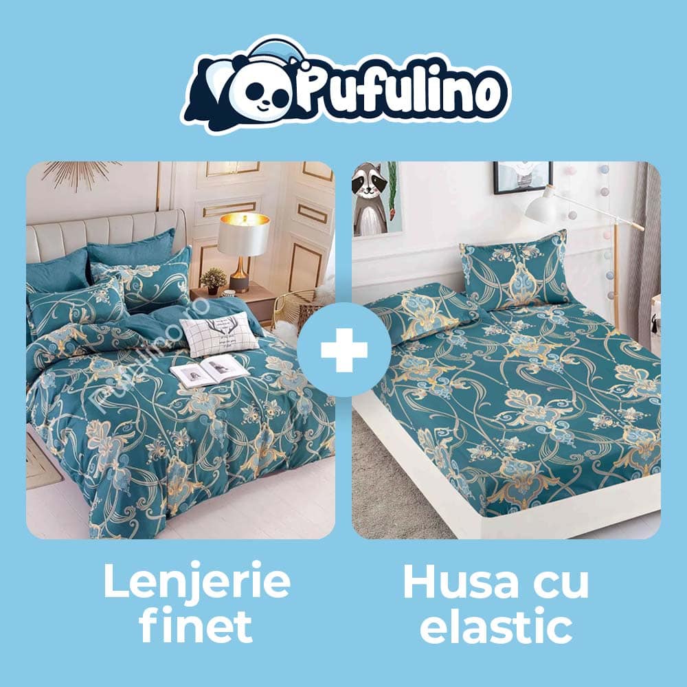 set husa si lenjerie turcoaz cu ornamente set husa si lenjerie turcoaz cu ornamente