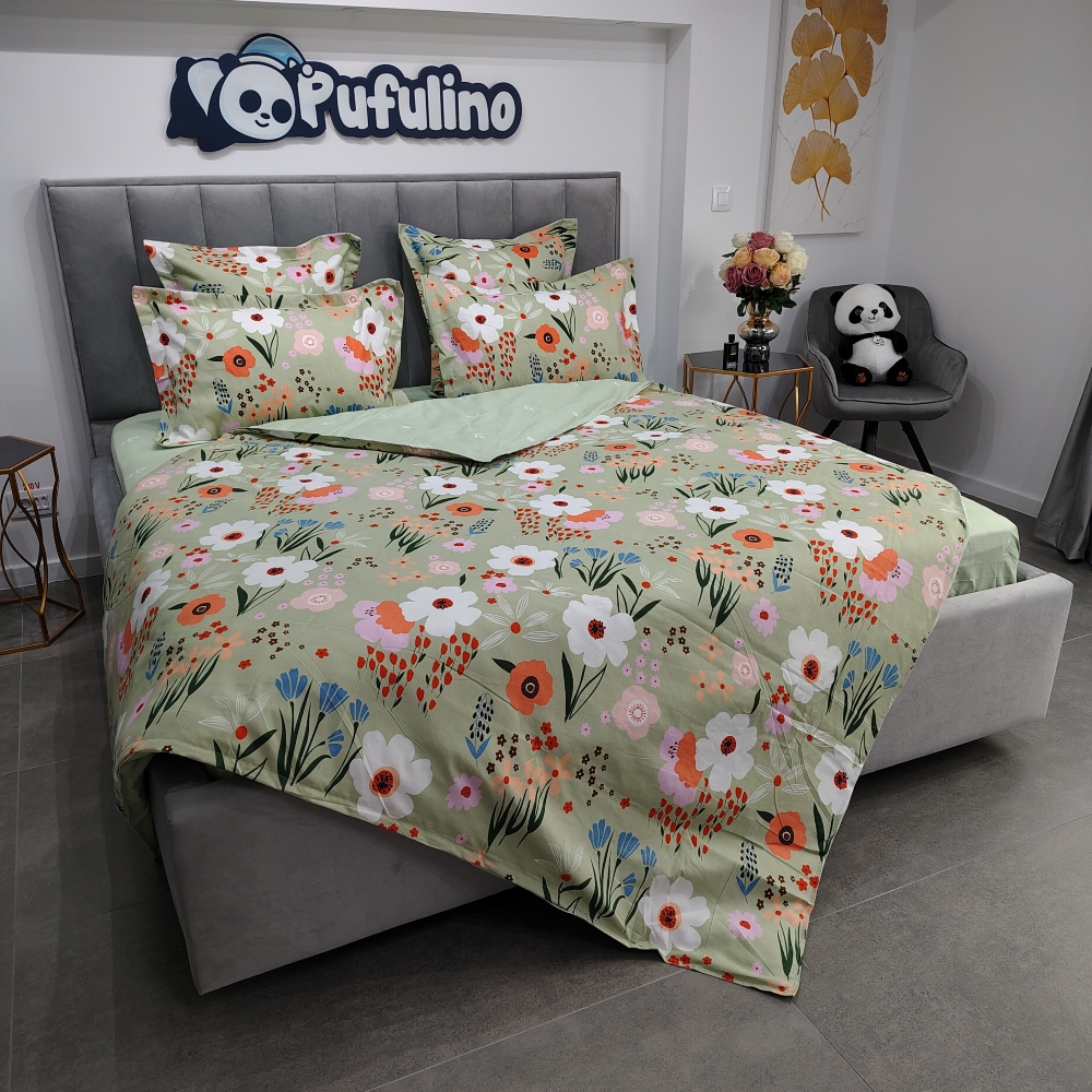 lenjerie de pat bumbac finet verde cu flori (1) lenjerie de pat bumbac finet verde cu flori