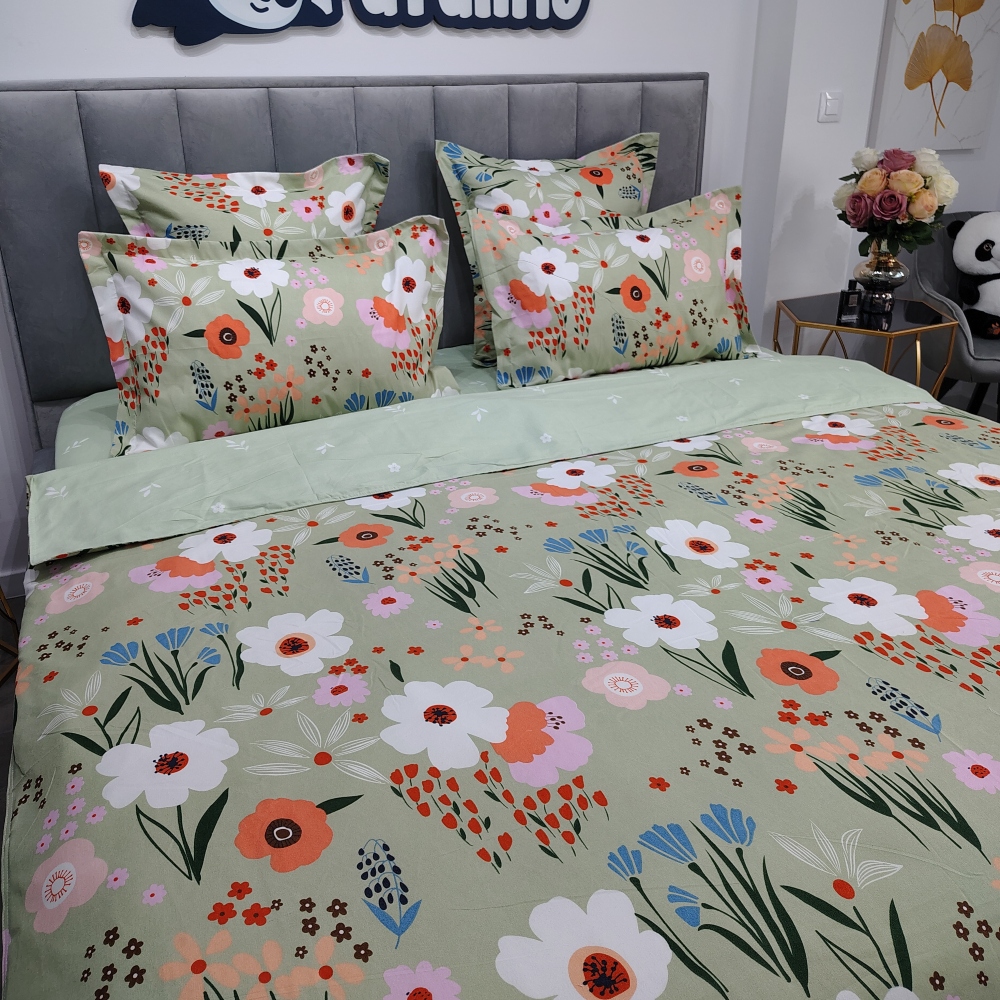 lenjerie de pat bumbac finet verde cu flori (2) lenjerie de pat bumbac finet verde cu flori