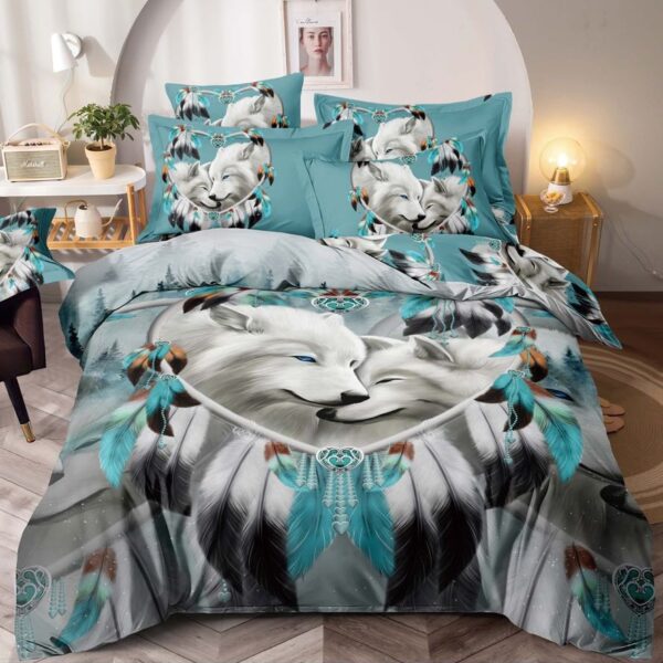 lenjerie 1 persoana cu elastic model lupi albi