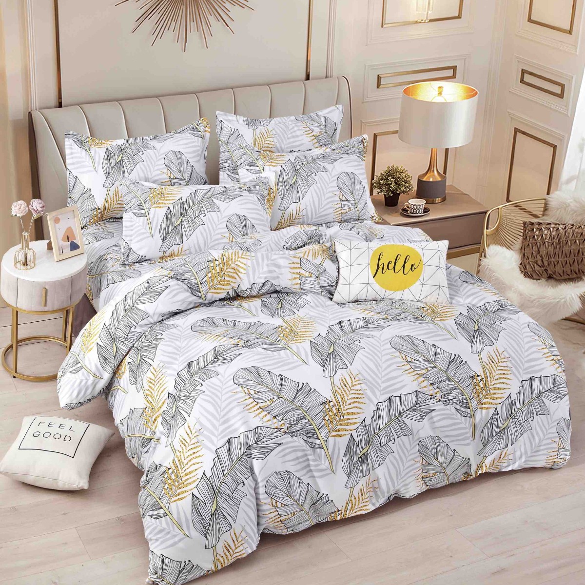 lenjerie alb gri cu fulgi si frunze galbene lenjerie alb gri cu fulgi si frunze galbene