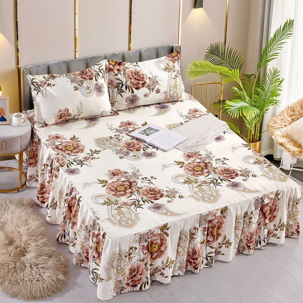 husa finet cu volanase crem cu flori husa finet cu volanase crem cu flori