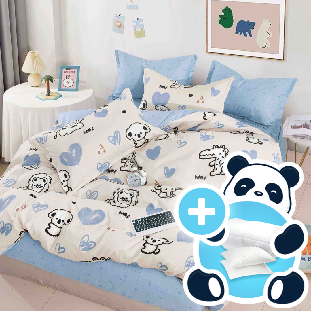 Pachet 1 persoana lenjerie alb cu bleu si animalute Pachet 1 persoana lenjerie alb cu bleu si animalute