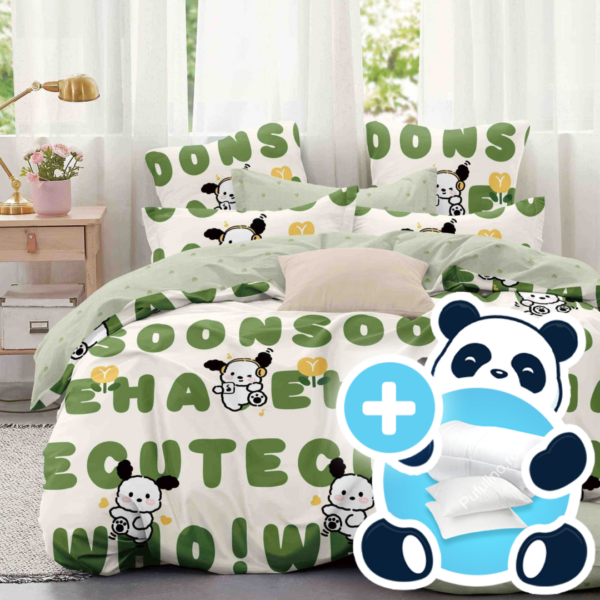 Pachet 1 persoana lenjerie alb scris verde