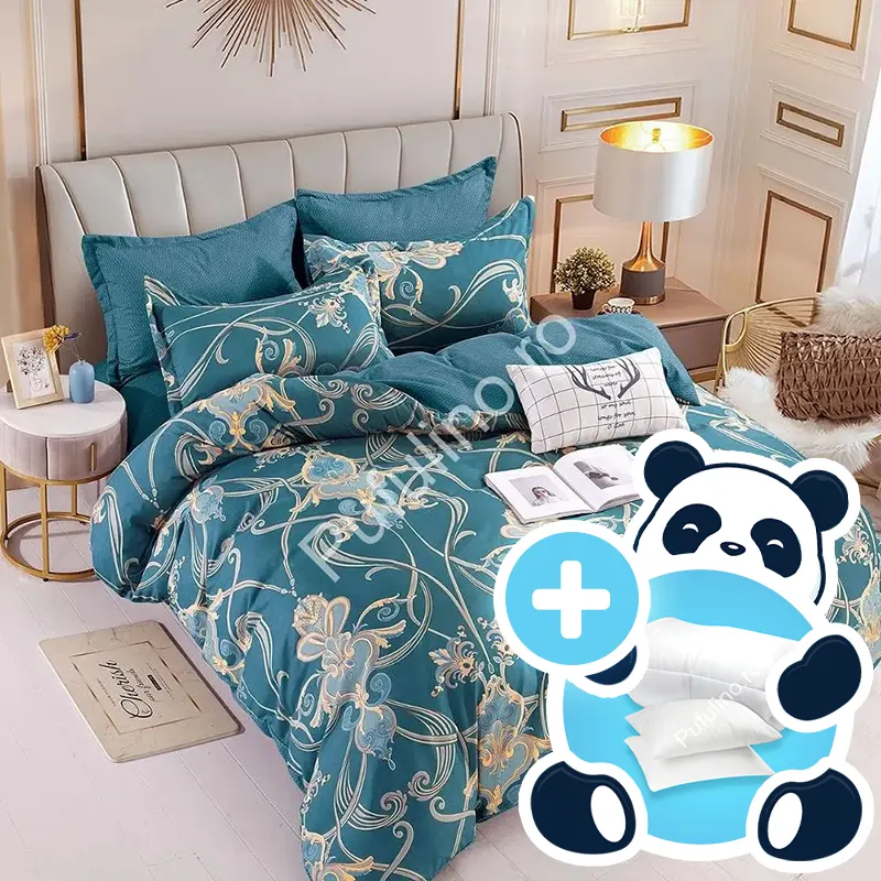 Pachet lenjerie pilota perne - model albastru cu broderie Pachet lenjerie pilota perne - model albastru cu broderie