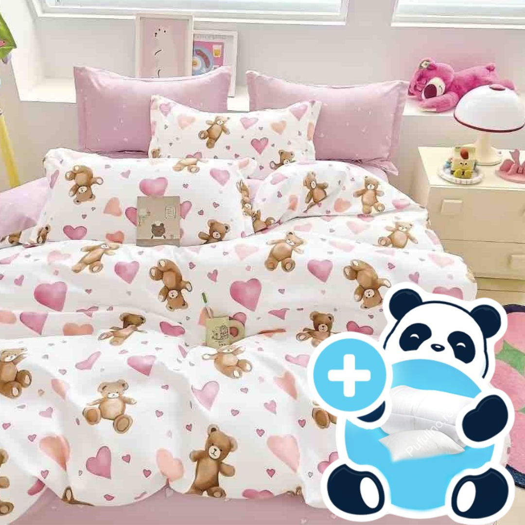 Pachet promo lenjerie pilota si perna pentru 1 persoana teddy hearts Pachet promo lenjerie pilota si perna pentru 1 persoana teddy hearts