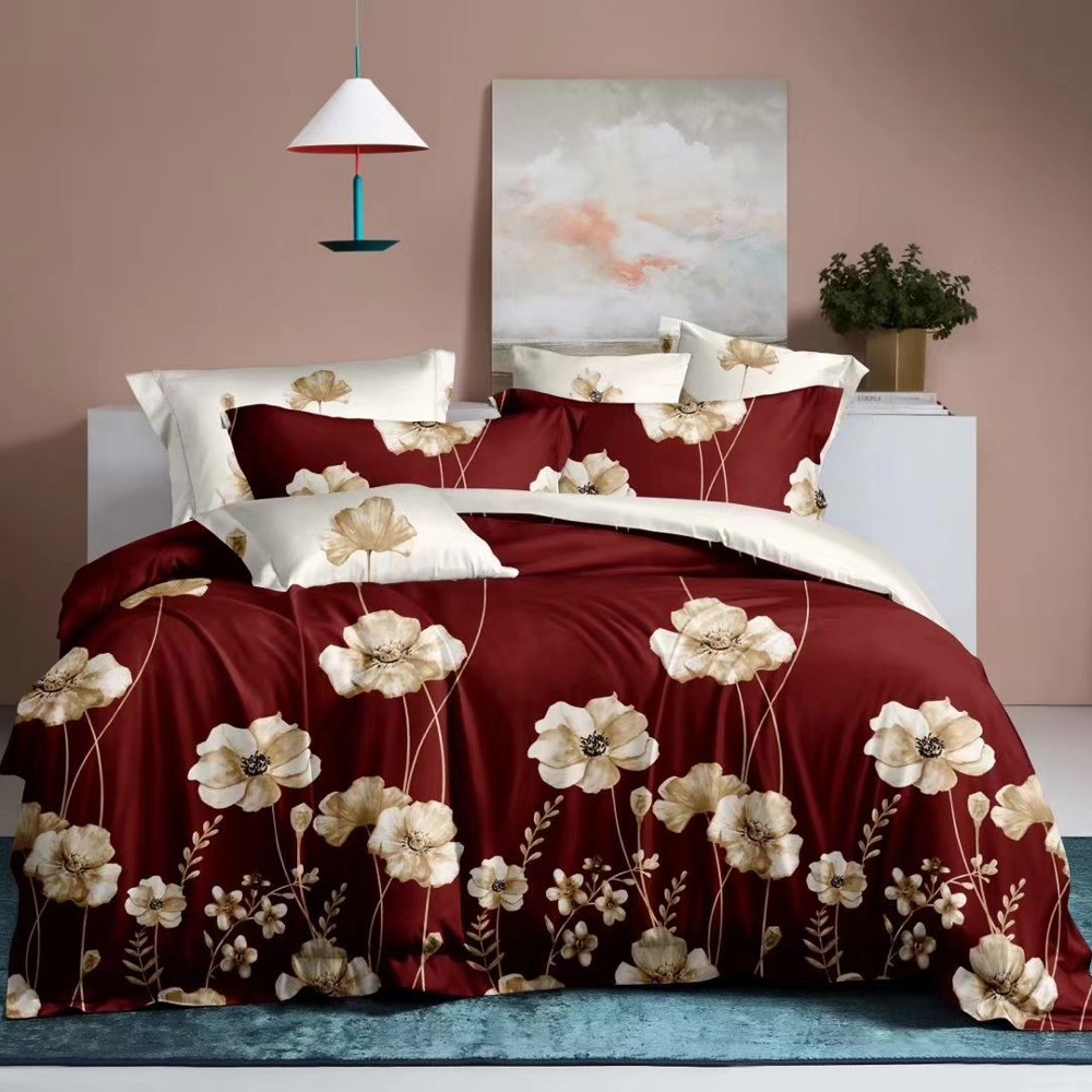 lenjerie bumbac satinat grena cu flori aurii lenjerie bumbac satinat grena cu flori aurii