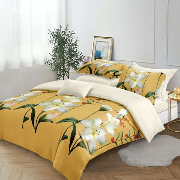 lenjerie galben crem cu flori mari albe