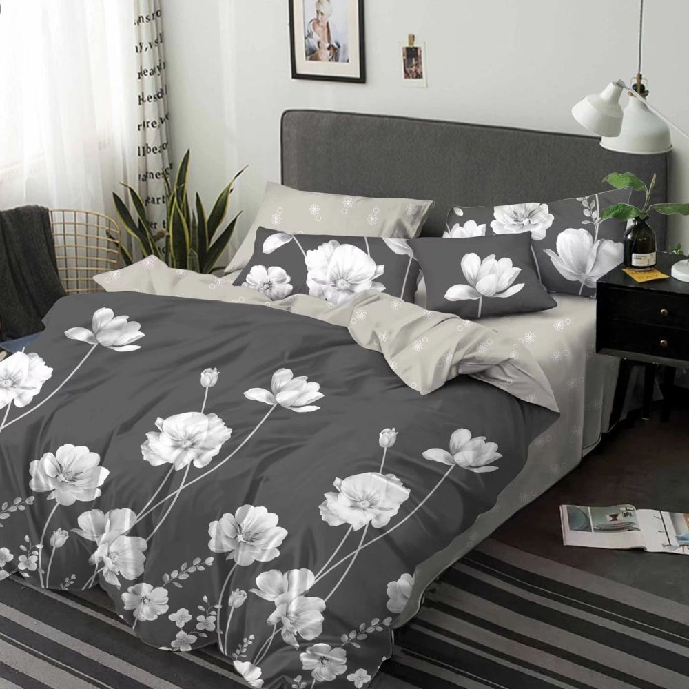 lenjerie gri cu flori albe lenjerie gri cu flori albe