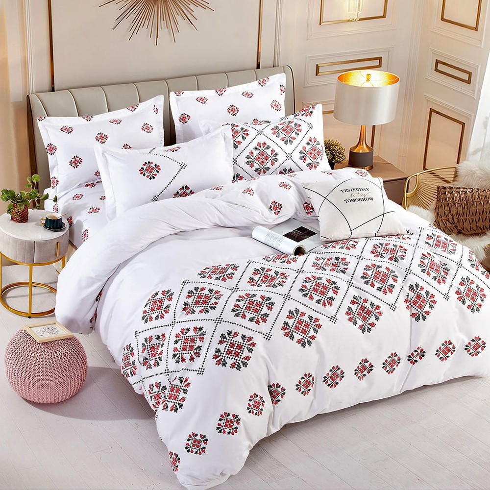 lenjerie alba cu imprimeu traditional negru-rosu lenjerie alba cu imprimeu negru traditional