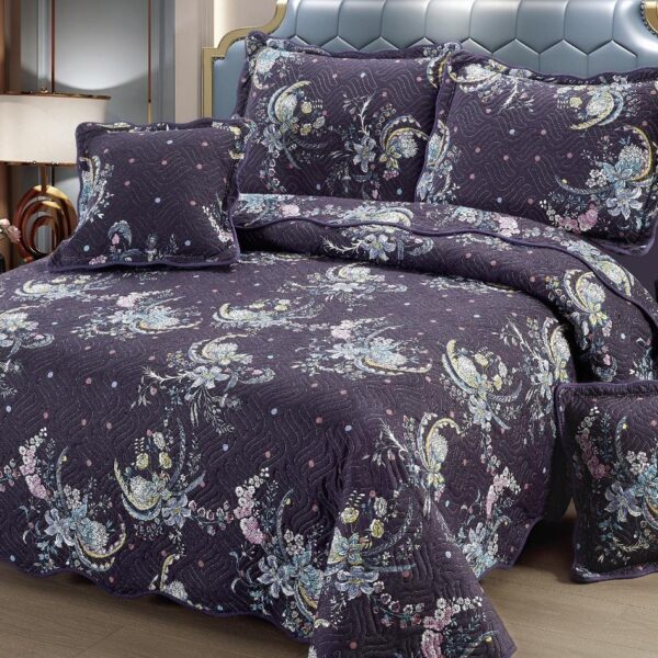 cuvertura de pat din bumbac 5 piese mov cu flori