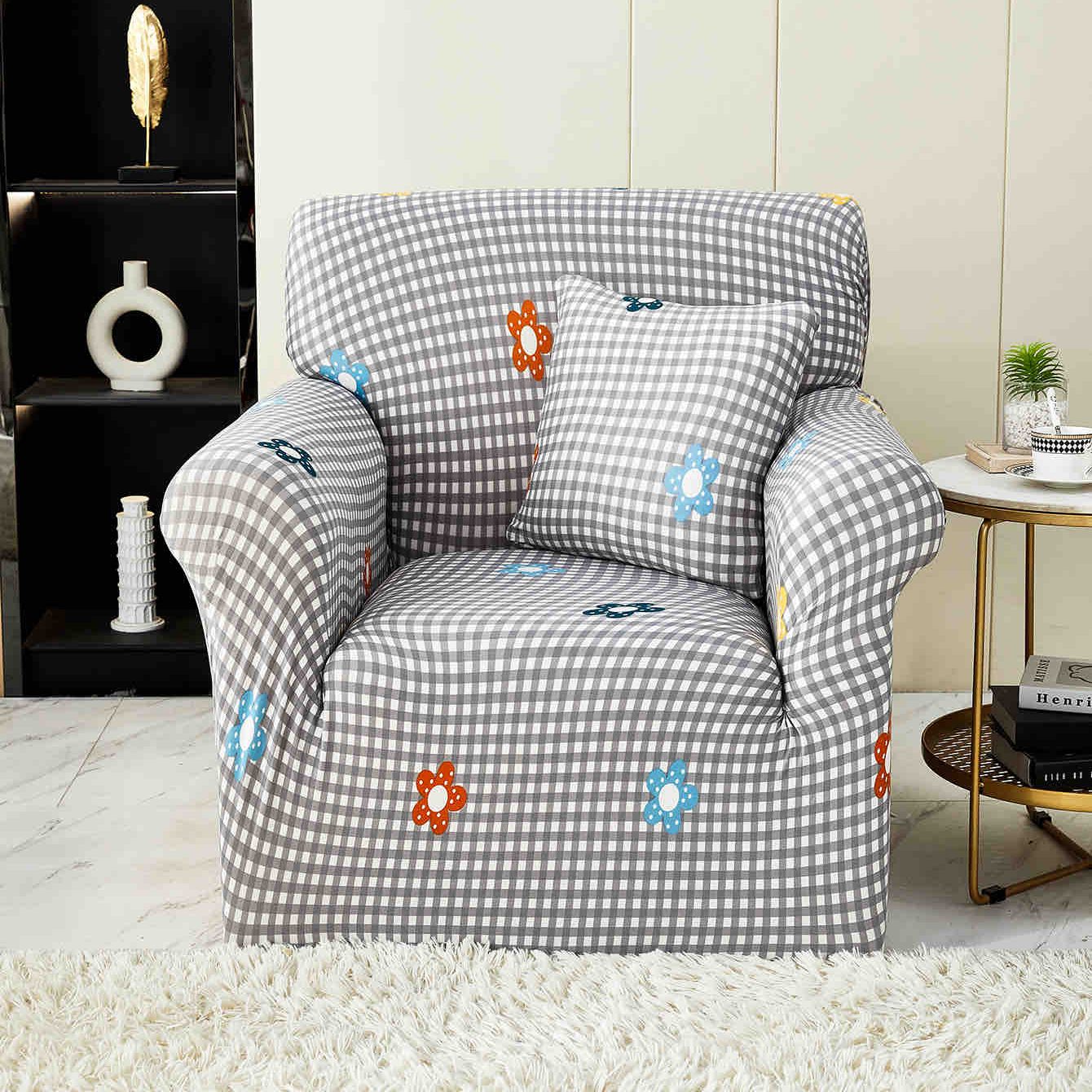husa fotoliu gri cu patratele si floricele husa fotoliu gri cu patratele si floricele