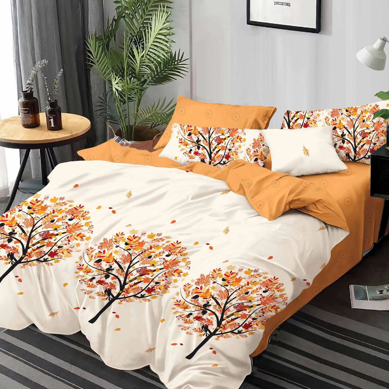 lenjerie alb portocalie cu copacei lenjerie alb portocalie cu copacei