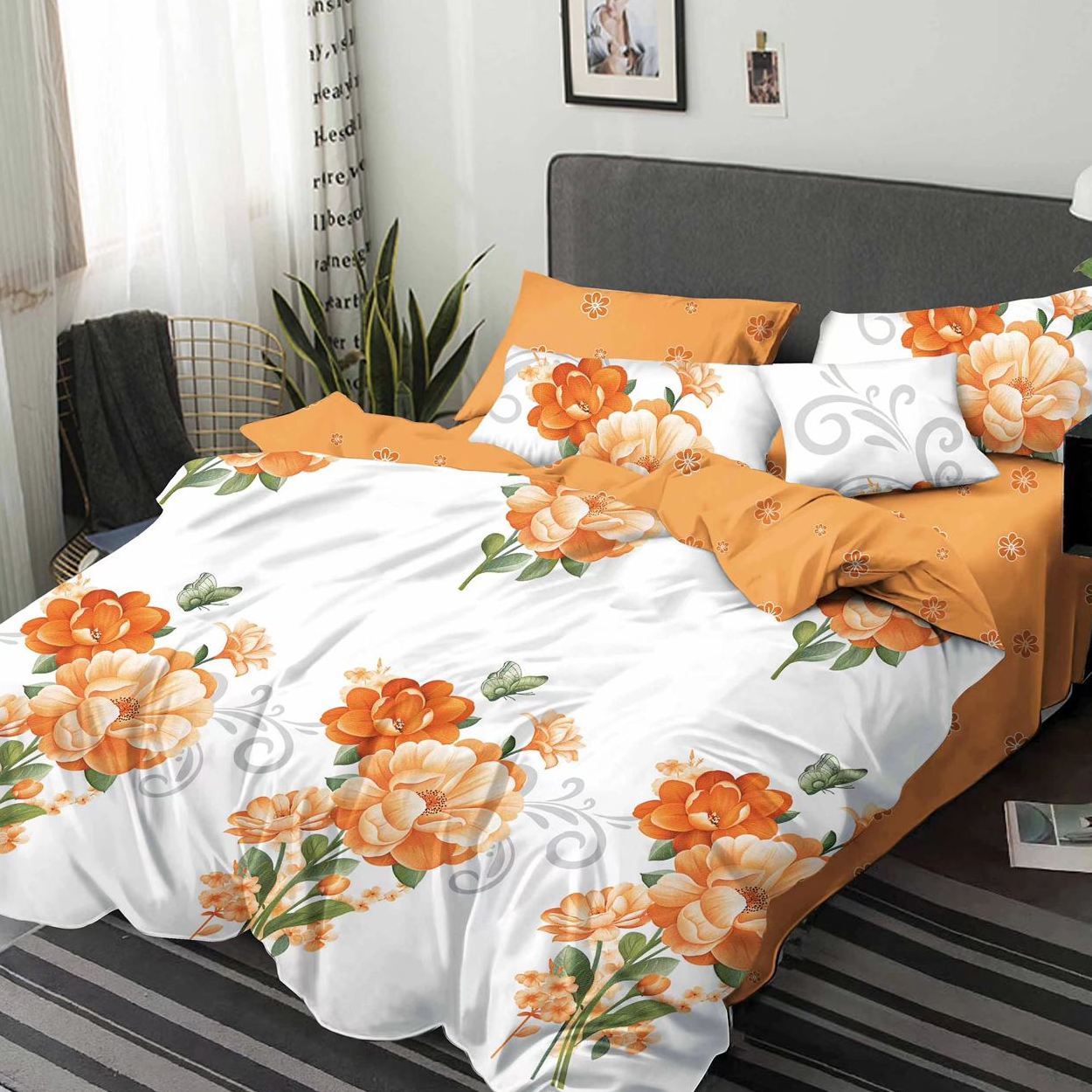 lenjerie alb portocalie cu flori lenjerie alb portocalie cu flori