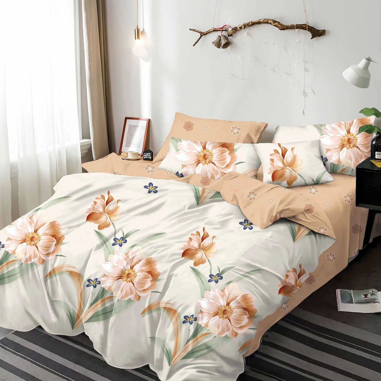 lenjerie alb somon cu flori lenjerie alb somon cu flori