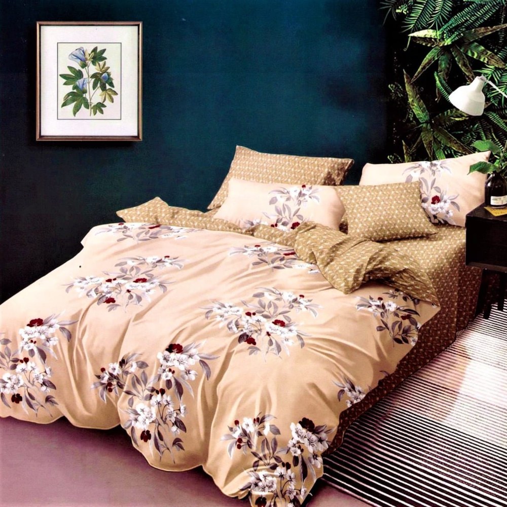 lenejrie de pat finet bej cu flori albe lenejrie de pat finet bej cu flori albe