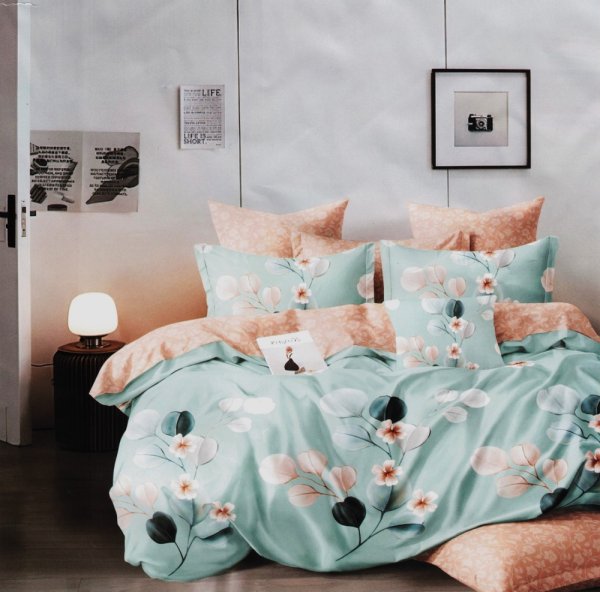 lenjerie bumbac satinat verde cu flori