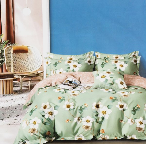 lenjerie bumbac satinat verde cu flori albe