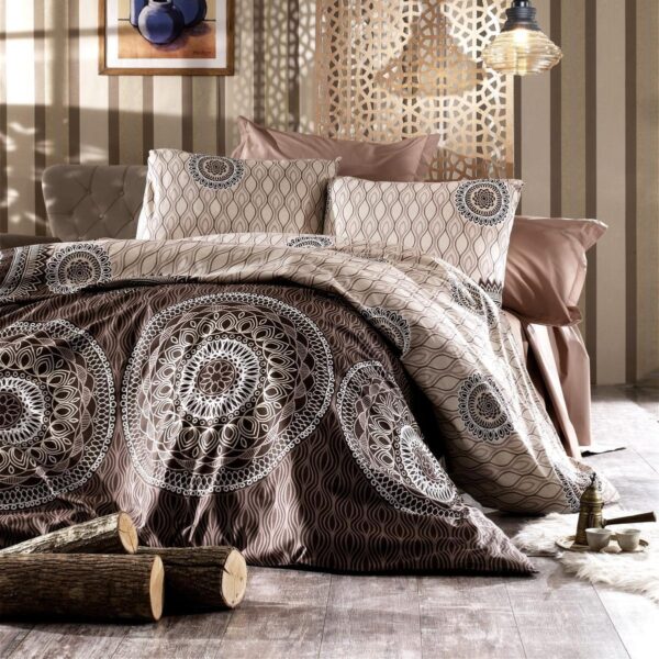 lenjerie bumbac ranforce 100% maro cu ornamente