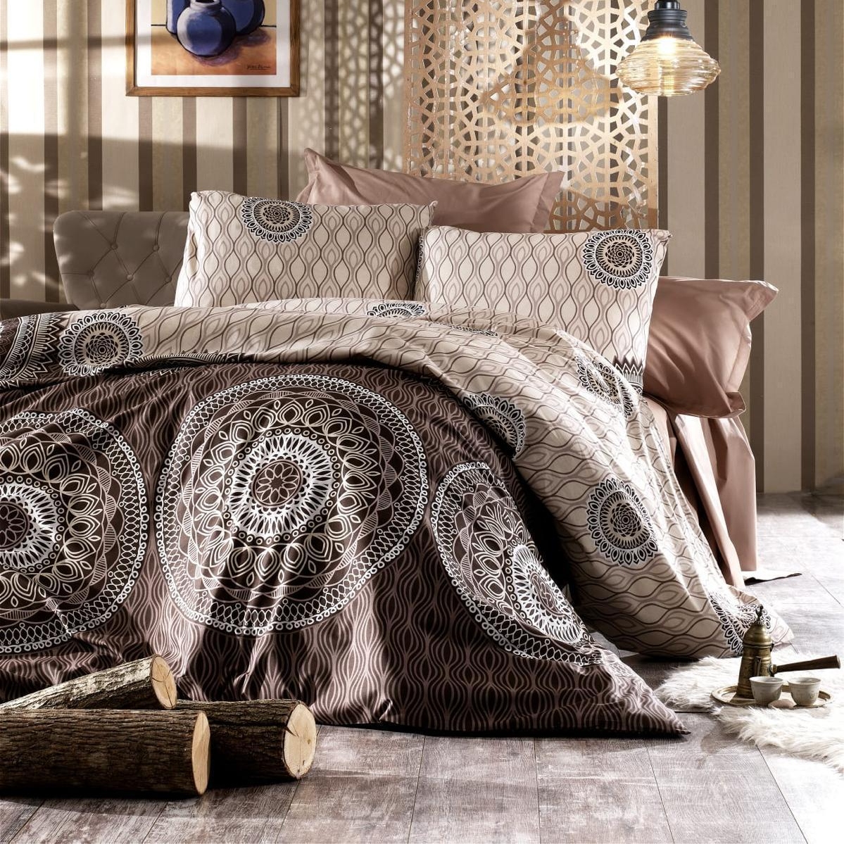 lenjerie bumbac ranforce 100% maro cu ornamente lenjerie bumbac ranforce 100% maro cu ornamente