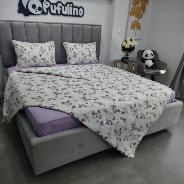 lenjerie de pat ranforce alba cu flori mov