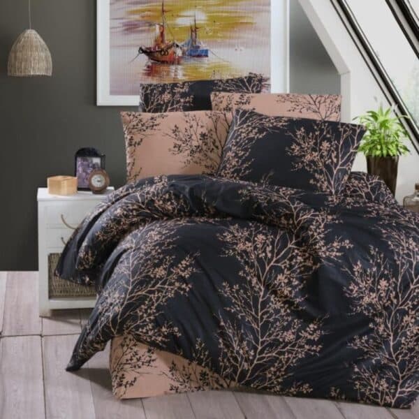 lenjerie de pat ranforce gri cu crengi (1)