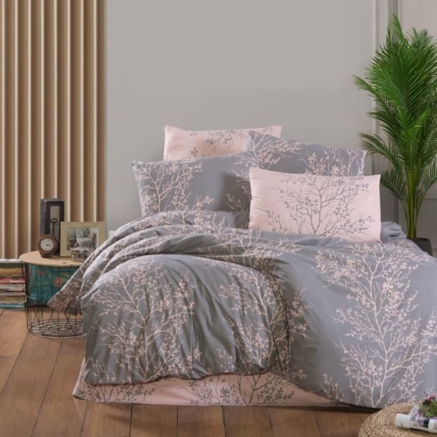 lenjerie de pat ranforce gri cu crengi lenjerie de pat ranforce gri cu crengi