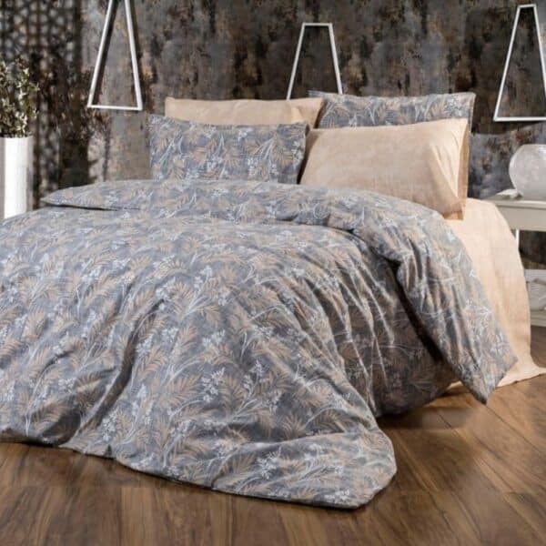 lenjerie de pat ranforce gri cu flori