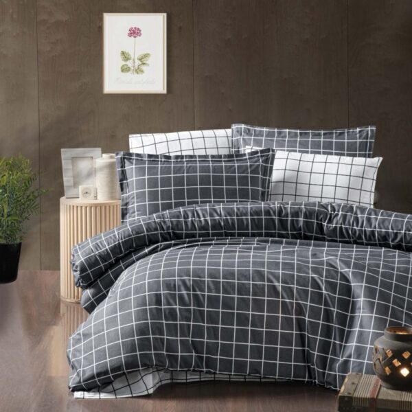 lenjerie de pat ranforce gri cu patratele