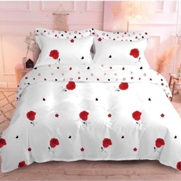 lenjerie de pat finet alba cyu trandafiri rosii