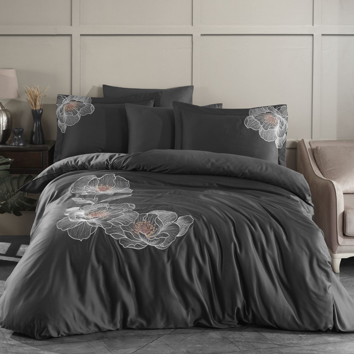 lenjerie de pat dantela calista antracit lenjerie de pat dantela calista antracit