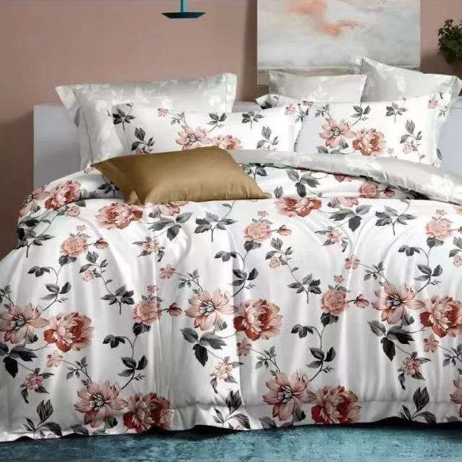 lenjerie bumbac satinat alba cu trandafiri somon lenjerie bumbac satinat alba cu trandafiri somon