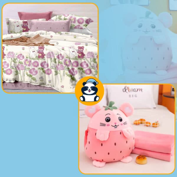 Pachet lenjerie 1 persoana si pernuta decorativa soricel roz