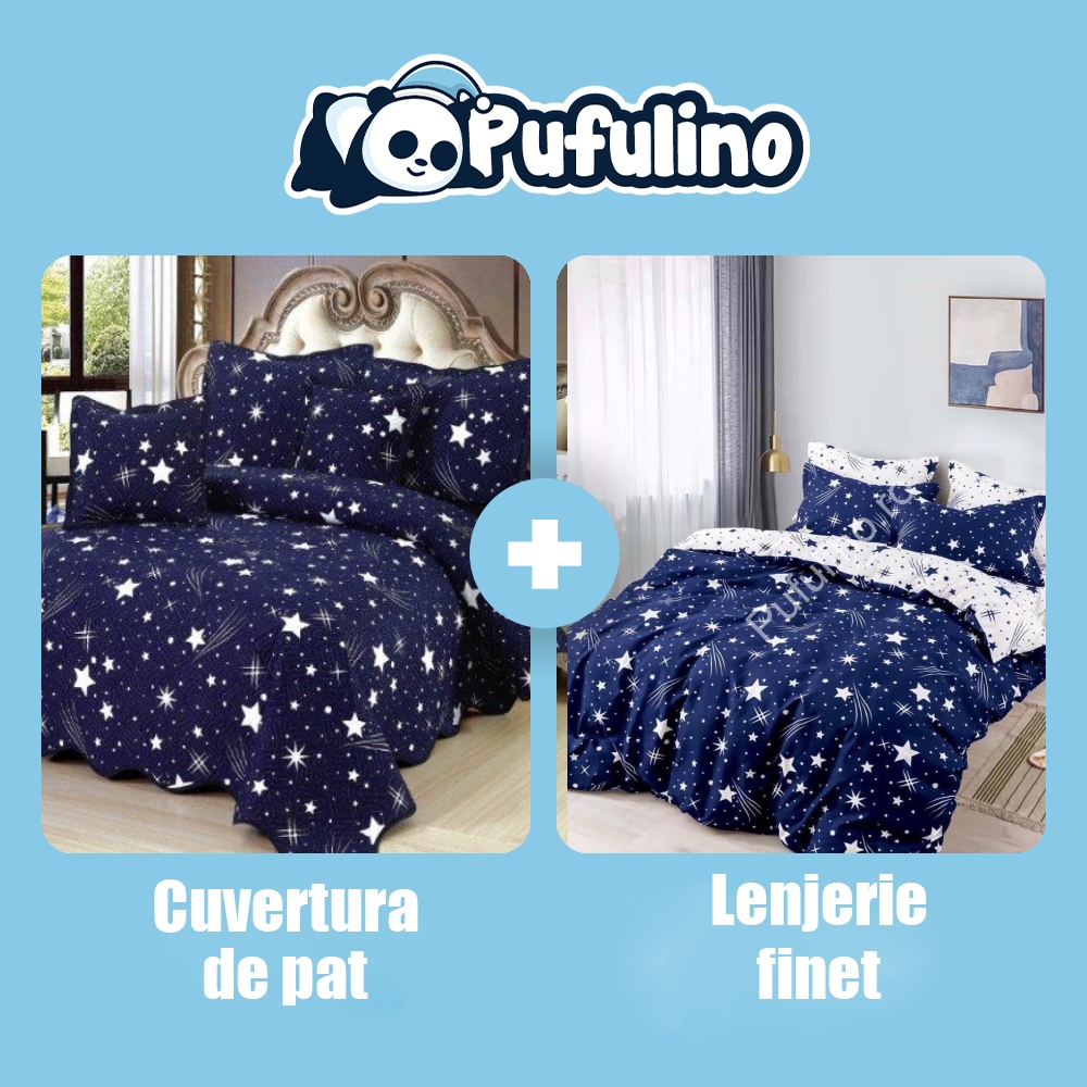 pachet lenjerie si cuvertura albastra cu stelute pachet lenjerie si cuvertura albastra cu stelute