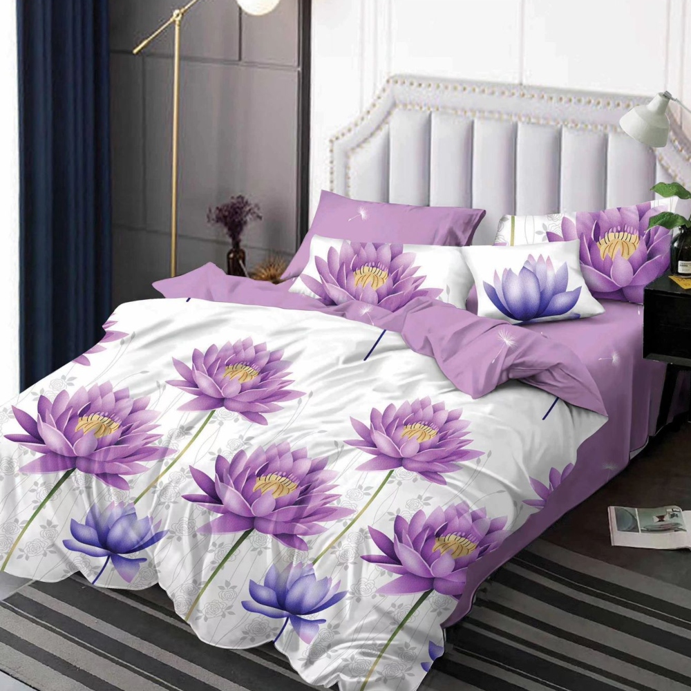 lenjerie de pat finet alba cu flori mov lenjerie de pat finet alba cu flori mov