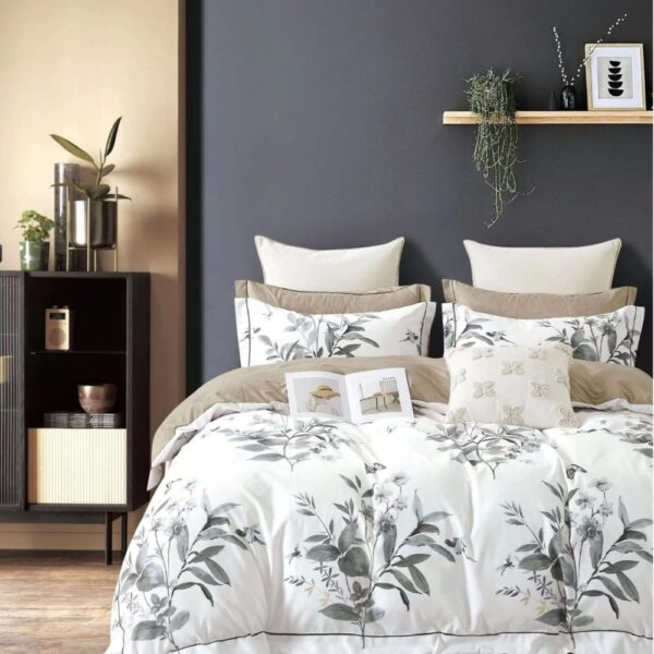 lenjerie de pat finet alba cu flori gri