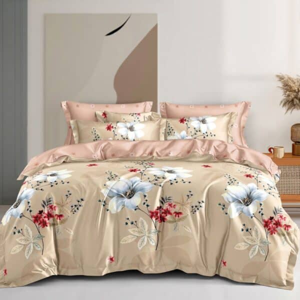 lenejrie de pat finet bej cu flori albe