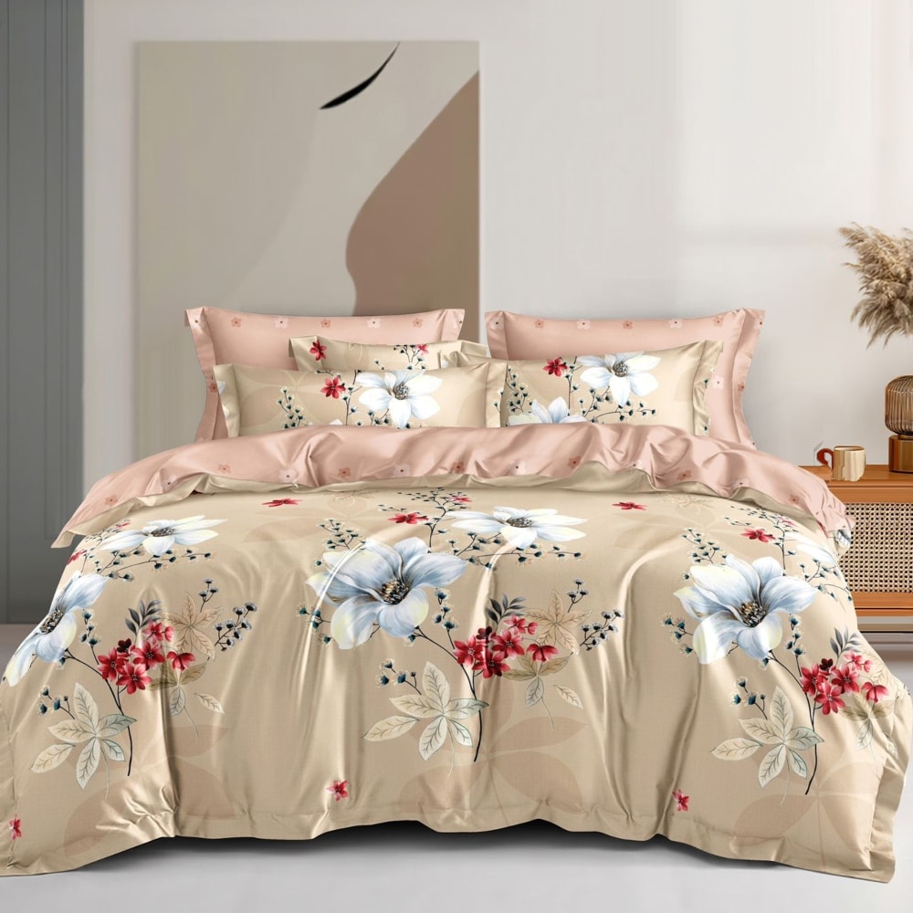 lenejrie de pat finet bej cu flori albe lenejrie de pat finet bej cu flori albe