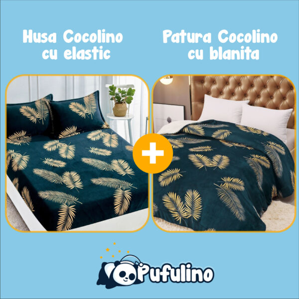 Set Patura cu blanita si husa de pat cocolino frunze smarald